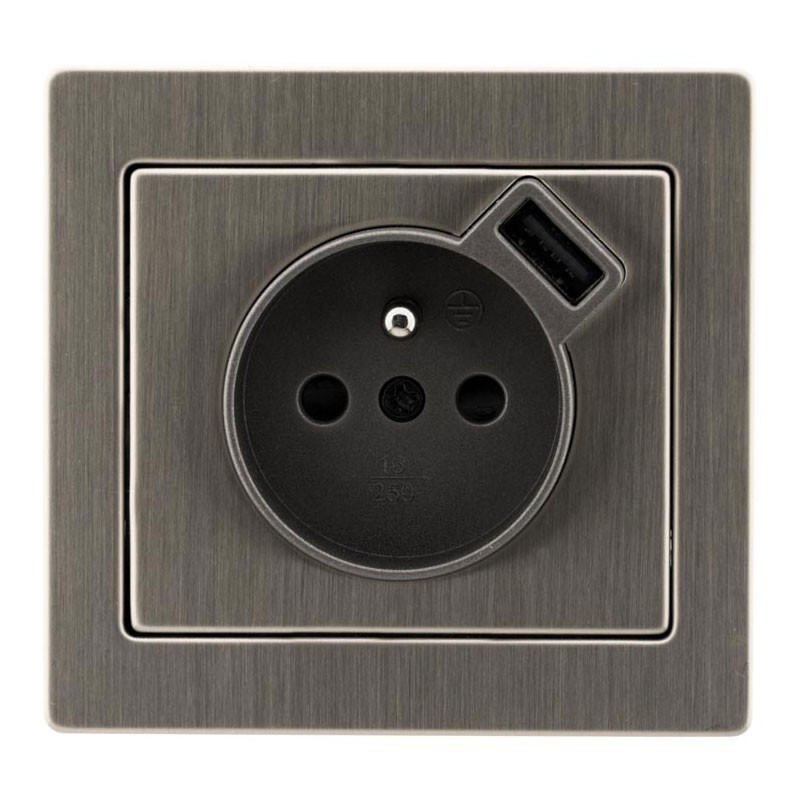 2-pin wall socket + earth + stainless steel Art Flat stainless steel built-in USB socket