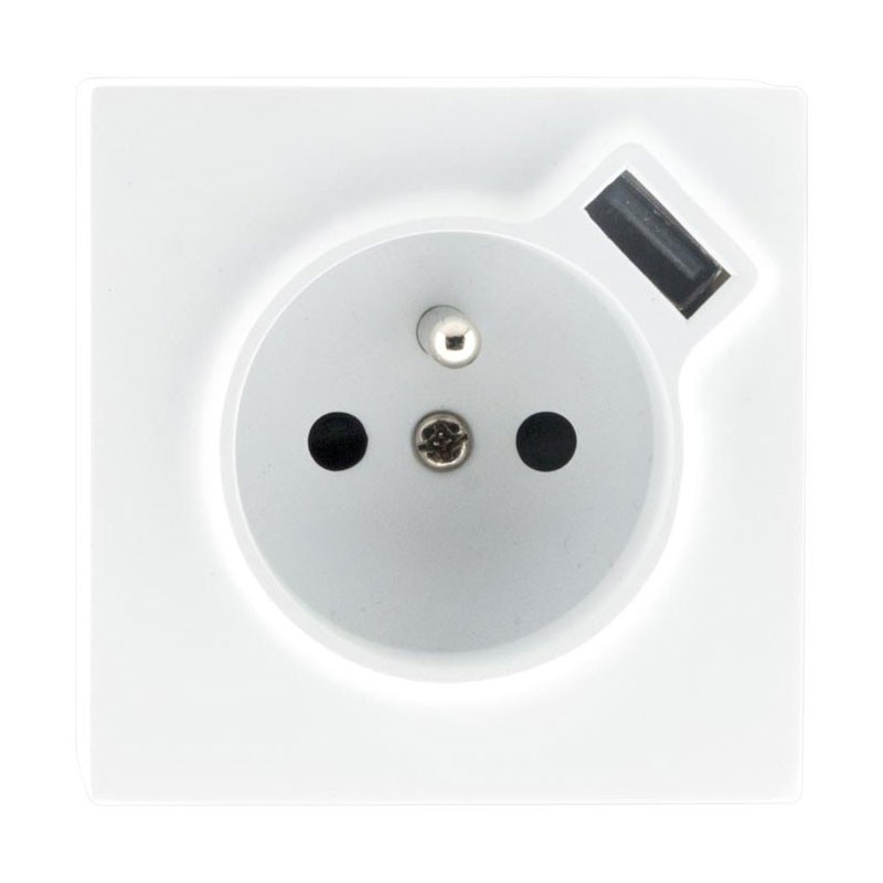 2-pin surface mount wall socket + Ground + USB 2.4A White