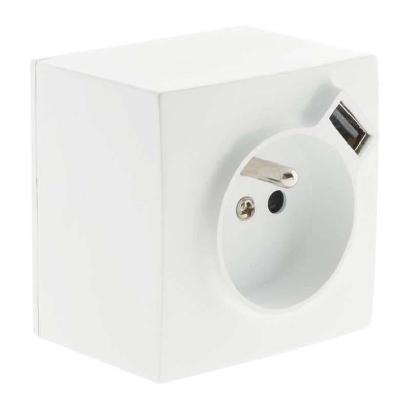 2-pin surface mount wall socket + Ground + USB 2.4A White