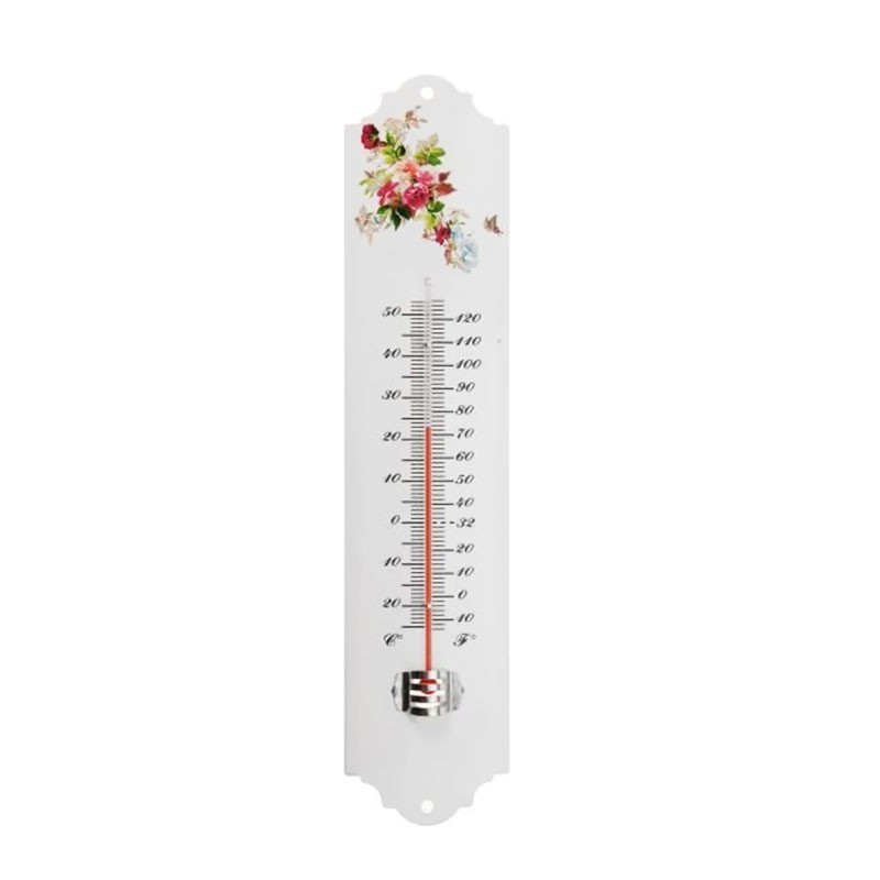 Wall thermometer metal outside in epoxy - White flowers H 30 X 6.5 X 1 cm - Nature