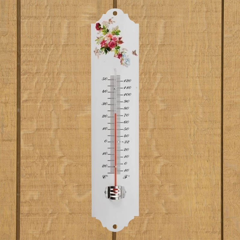 Wall thermometer metal outside in epoxy - White flowers H 30 X 6.5 X 1 cm - Nature