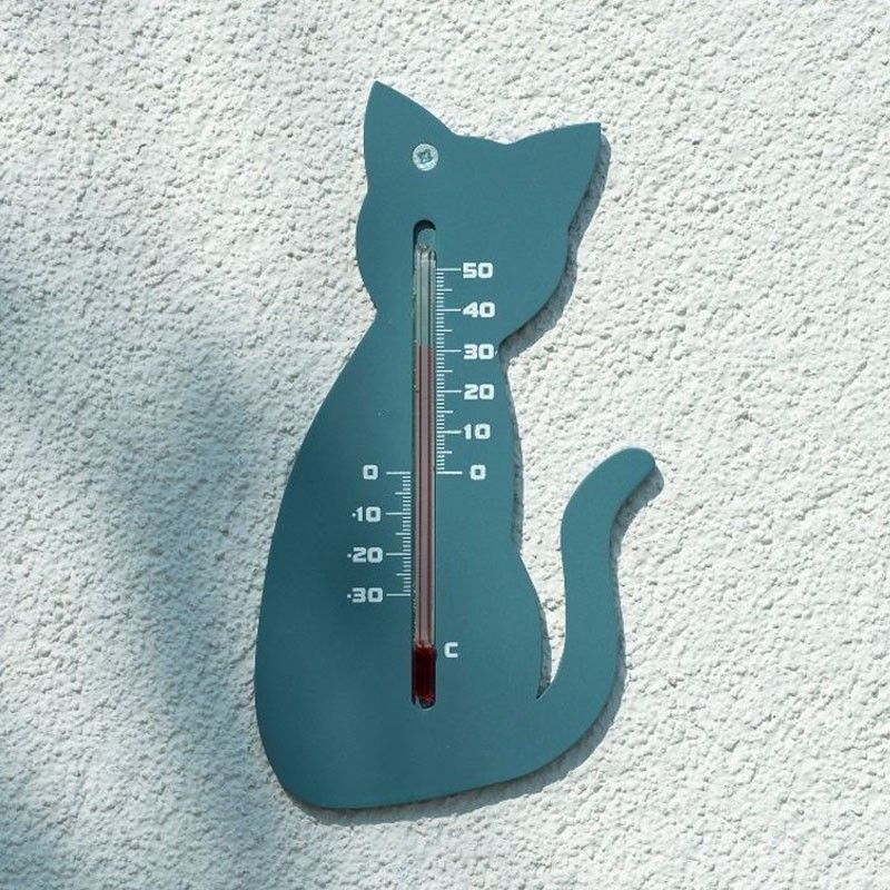 Wandthermometer van kunststof voor buiten - Grijze kat - H 15 X 9.5 X 0.3 cm - E Nature
