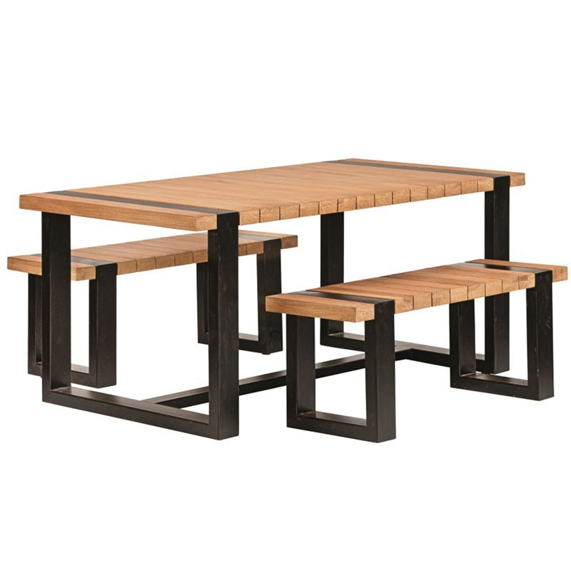 Tisch + Bänke - Teakholz und schwarzer Stahl - Tuindeco