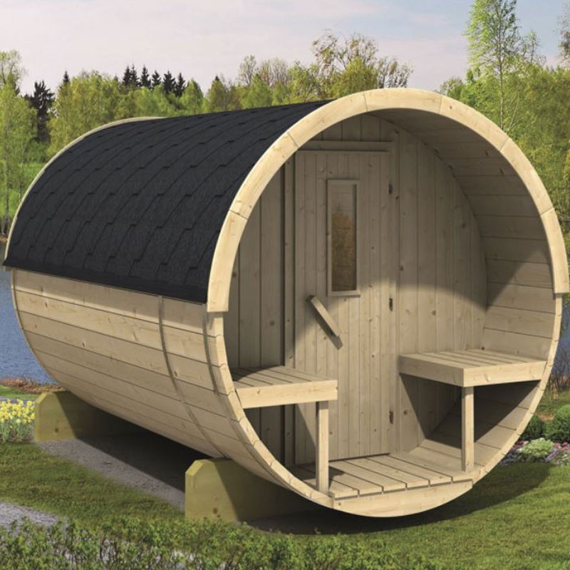 Sauna a botte in legno di pino Ø 195 - L 250 cm con tegole - Tuindeco