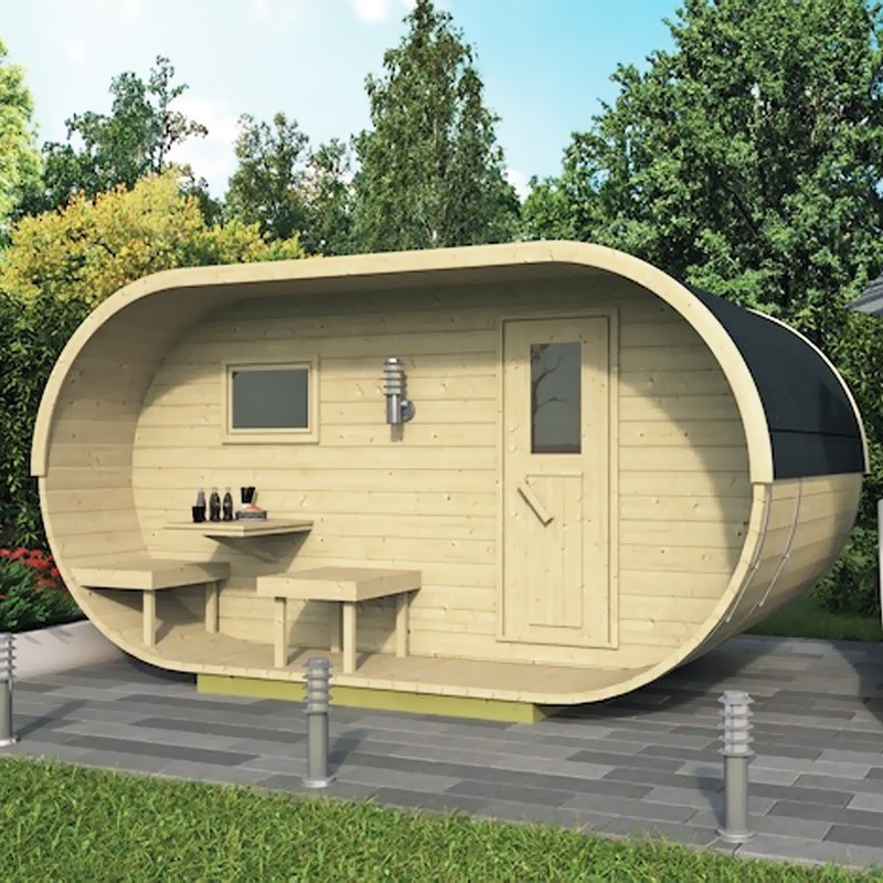 Oval pine sauna 405 x 240 x h216 cm with shingle - Tuindeco