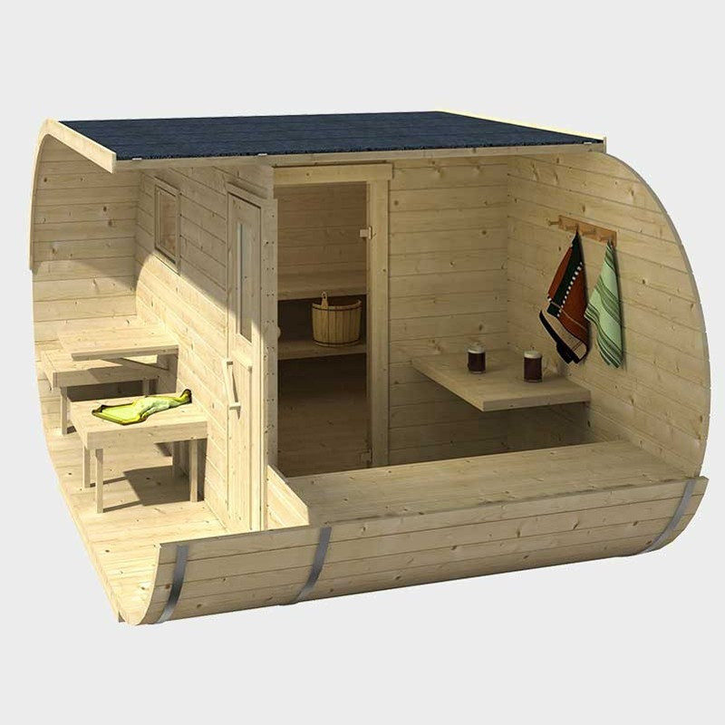 Oval pine sauna 405 x 240 x h216 cm with shingle - Tuindeco