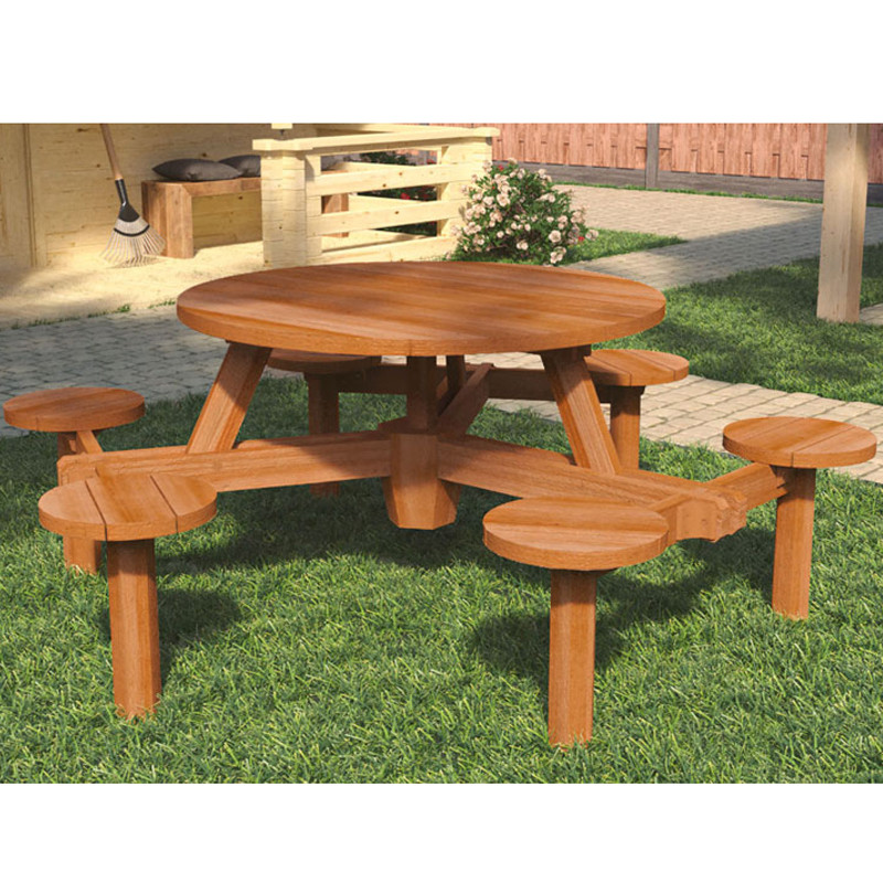 Mesa de jardim redonda de madeira com assentos - Rondo - Tuindeco