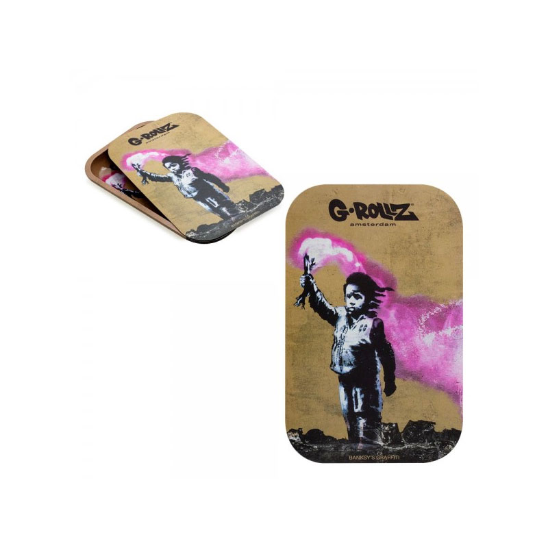 Bandeja de design em metal + tampa magnética - Banksy's Graf Rapaz maçarico - 27,5x17,5cm - G-Rollz