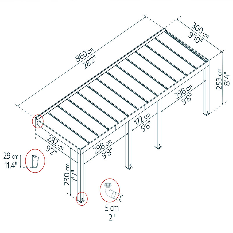 Pérgola - Helsinki - 860x300cm - Control solar - Cedro Canopia